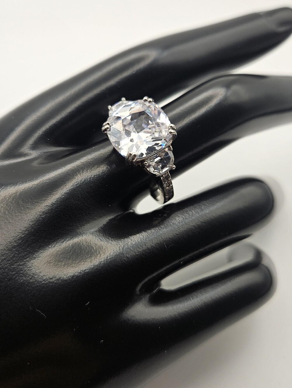 Vintage Signed BEST 3-Stone Statement Ring Silver Tone Cushion Cut Size 8.5